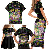 Happy And Delicious Mardi Gras Family Matching Short Sleeve Bodycon Dress and Hawaiian Shirt King Cake And Luxury Beadeds - Wonder Print Shop