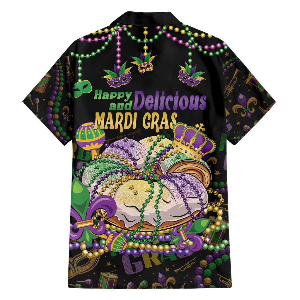Happy And Delicious Mardi Gras Family Matching Short Sleeve Bodycon Dress and Hawaiian Shirt King Cake And Luxury Beadeds - Wonder Print Shop