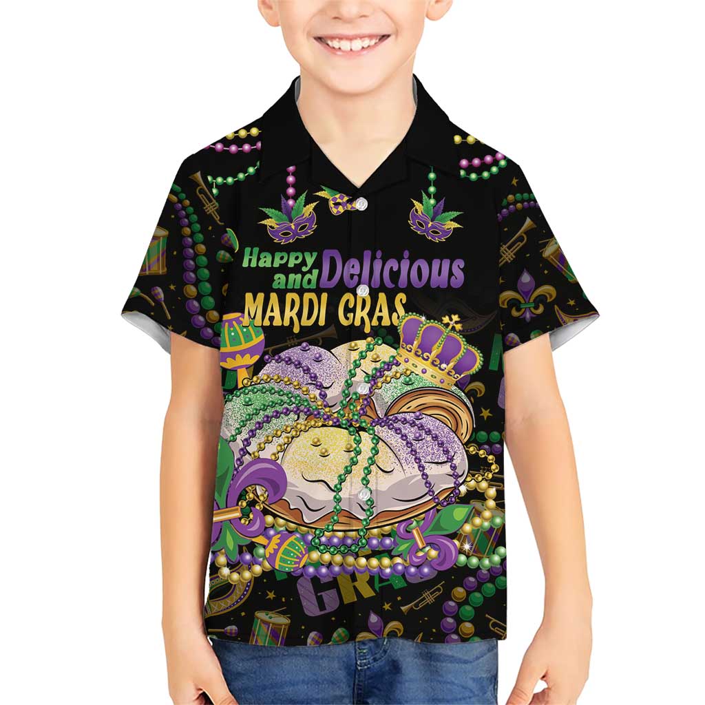 Happy And Delicious Mardi Gras Family Matching Short Sleeve Bodycon Dress and Hawaiian Shirt King Cake And Luxury Beadeds - Wonder Print Shop