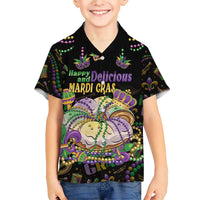 Happy And Delicious Mardi Gras Family Matching Short Sleeve Bodycon Dress and Hawaiian Shirt King Cake And Luxury Beadeds - Wonder Print Shop