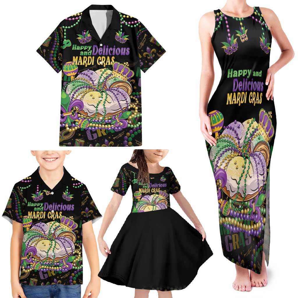 Happy And Delicious Mardi Gras Family Matching Tank Maxi Dress and Hawaiian Shirt King Cake And Luxury Beadeds - Wonder Print Shop