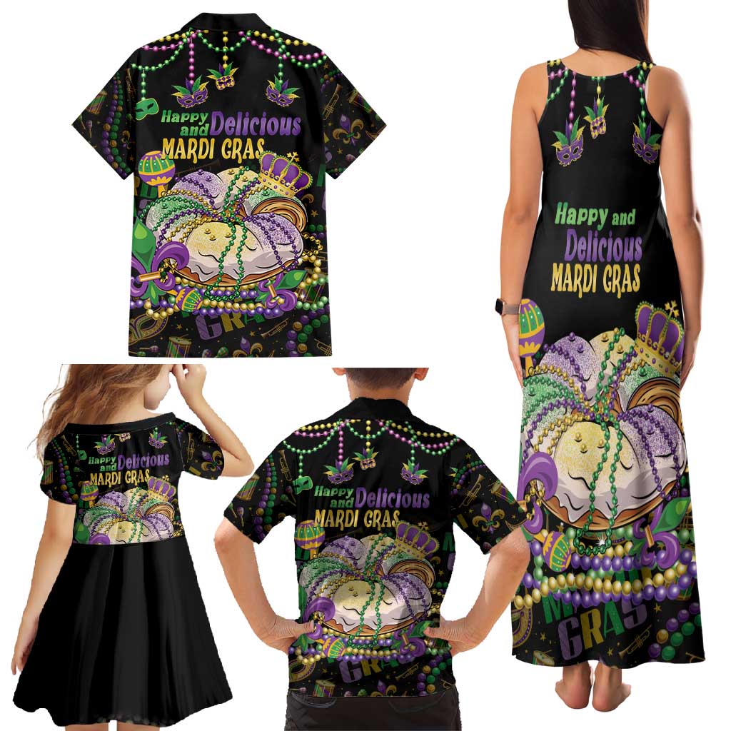 Happy And Delicious Mardi Gras Family Matching Tank Maxi Dress and Hawaiian Shirt King Cake And Luxury Beadeds - Wonder Print Shop