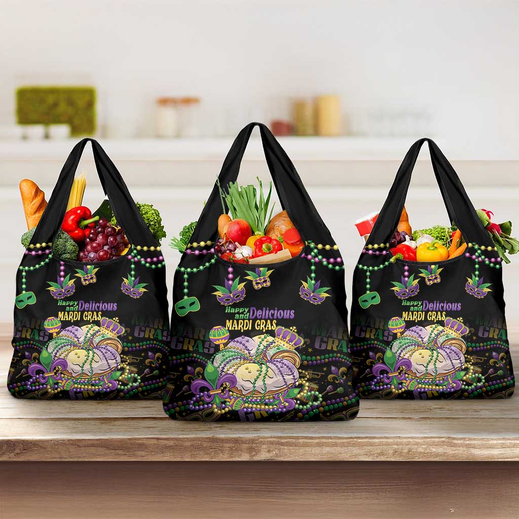 Happy And Delicious Mardi Gras Grocery Bag King Cake And Luxury Beadeds