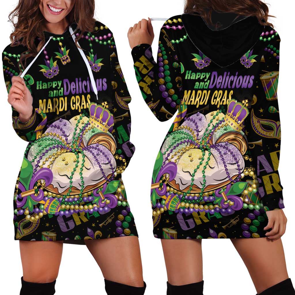 Happy And Delicious Mardi Gras Hoodie Dress King Cake And Luxury Beadeds - Wonder Print Shop