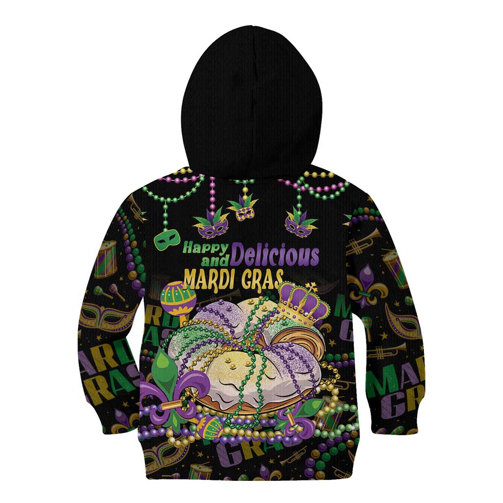 Happy And Delicious Mardi Gras Kid Hoodie King Cake And Luxury Beadeds - Wonder Print Shop
