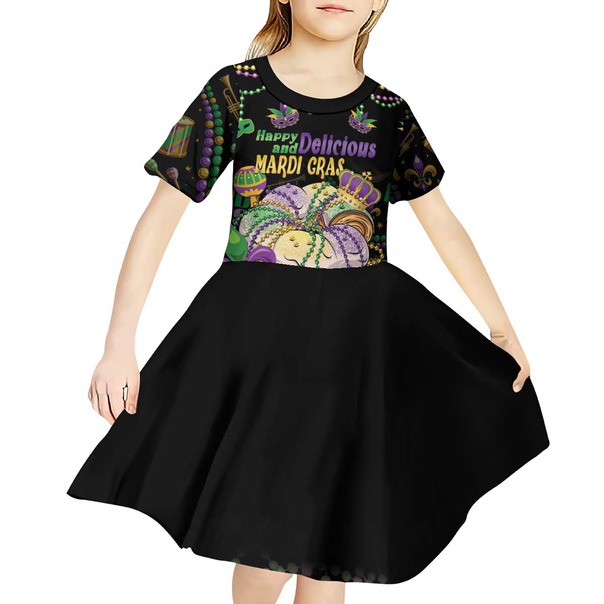 Happy And Delicious Mardi Gras Kid Short Sleeve Dress King Cake And Luxury Beadeds - Wonder Print Shop