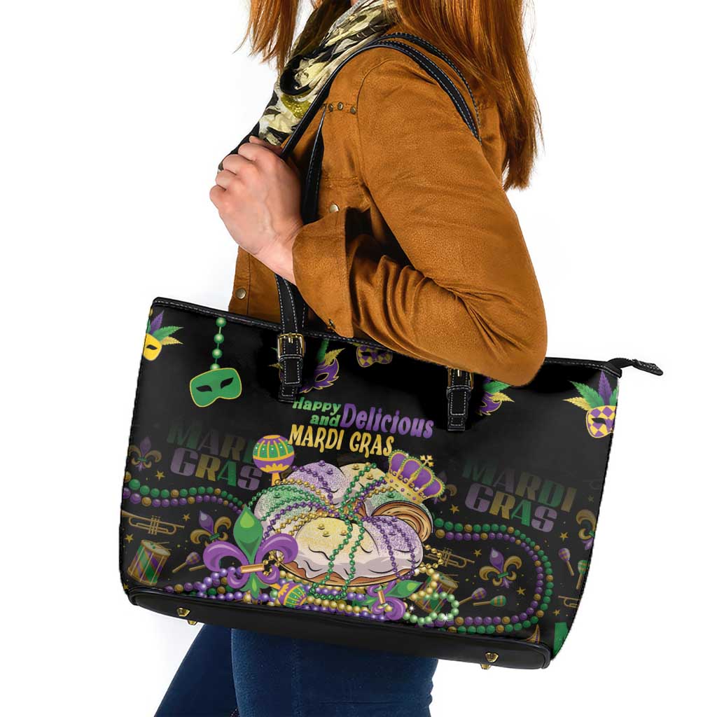 Happy And Delicious Mardi Gras Leather Tote Bag King Cake And Luxury Beadeds - Wonder Print Shop