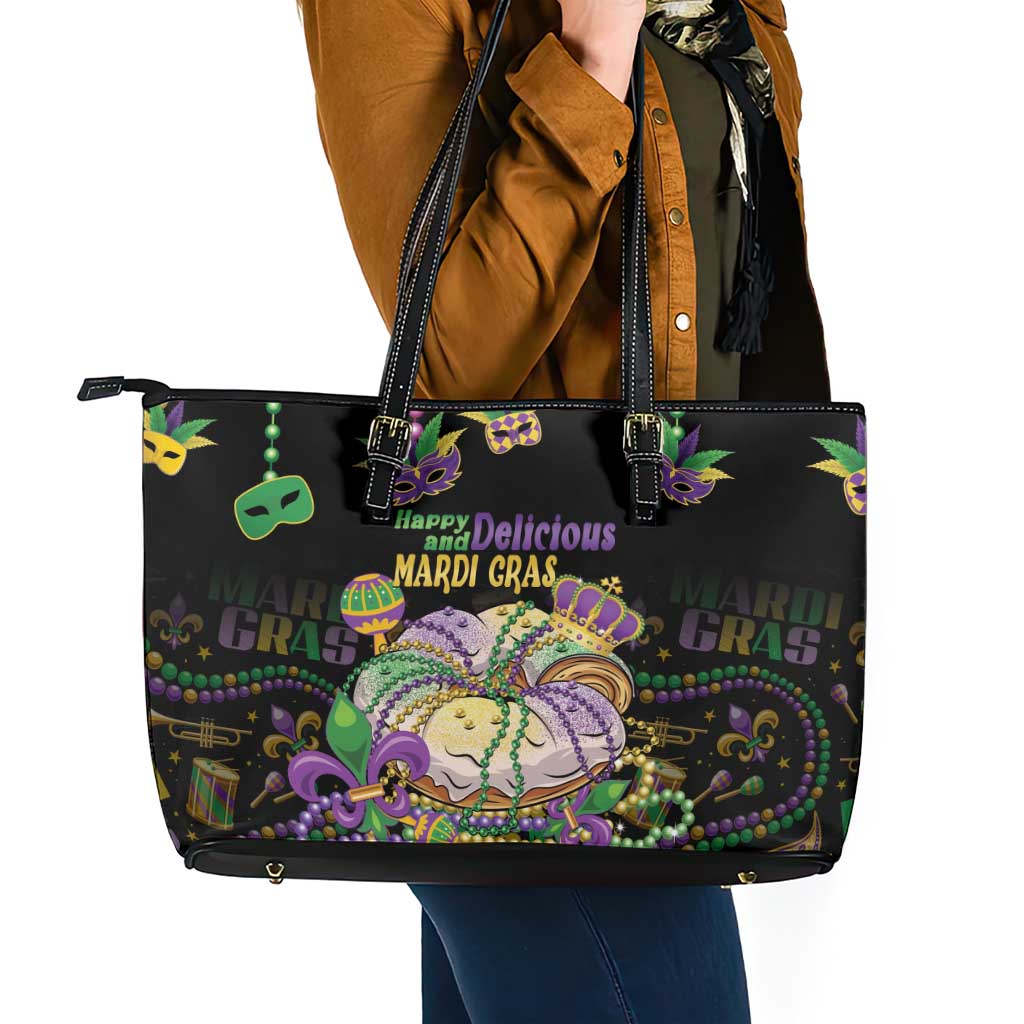 Happy And Delicious Mardi Gras Leather Tote Bag King Cake And Luxury Beadeds - Wonder Print Shop