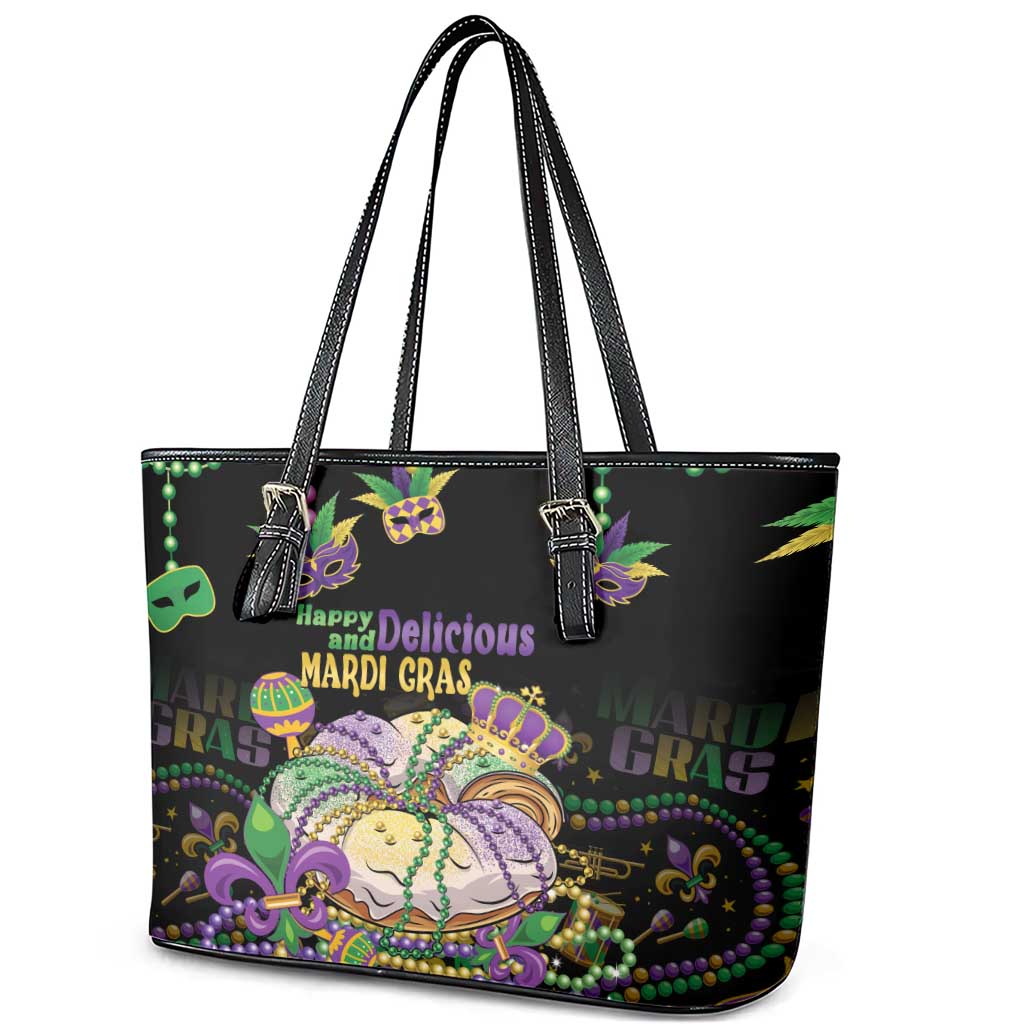 Happy And Delicious Mardi Gras Leather Tote Bag King Cake And Luxury Beadeds - Wonder Print Shop