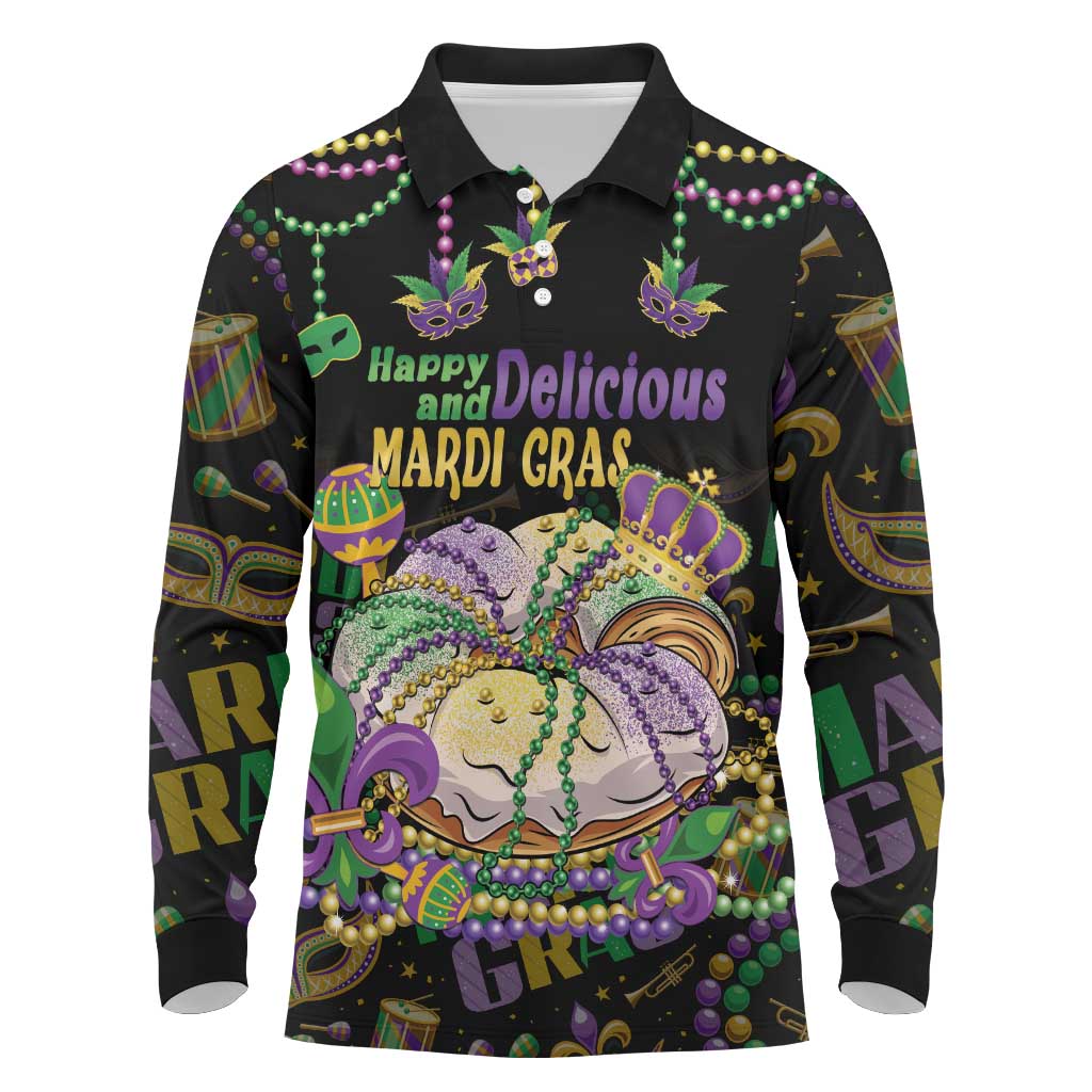 Happy And Delicious Mardi Gras Long Sleeve Polo Shirt King Cake And Luxury Beadeds - Wonder Print Shop