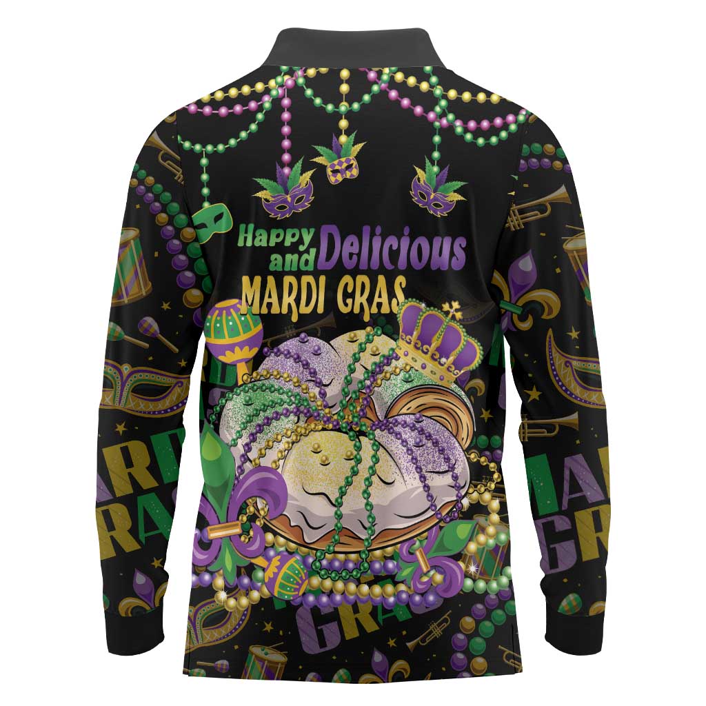 Happy And Delicious Mardi Gras Long Sleeve Polo Shirt King Cake And Luxury Beadeds - Wonder Print Shop