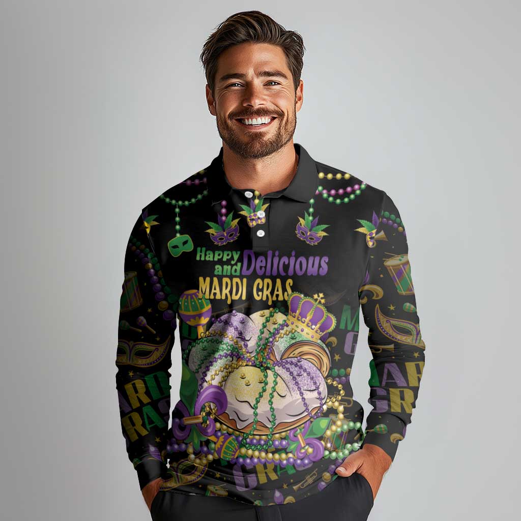 Happy And Delicious Mardi Gras Long Sleeve Polo Shirt King Cake And Luxury Beadeds - Wonder Print Shop