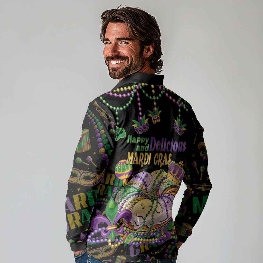 Happy And Delicious Mardi Gras Long Sleeve Polo Shirt King Cake And Luxury Beadeds - Wonder Print Shop