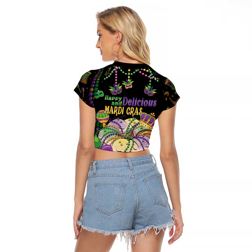 Happy And Delicious Mardi Gras Raglan Cropped T Shirt King Cake And Luxury Beadeds - Wonder Print Shop