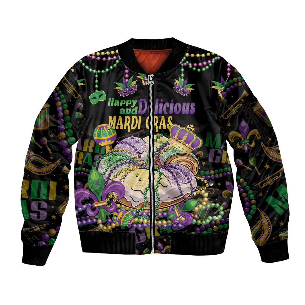 Happy And Delicious Mardi Gras Sleeve Zip Bomber Jacket King Cake And Luxury Beadeds - Wonder Print Shop