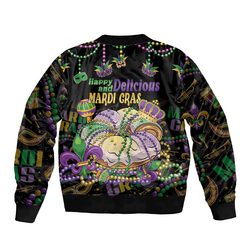 Happy And Delicious Mardi Gras Sleeve Zip Bomber Jacket King Cake And Luxury Beadeds - Wonder Print Shop