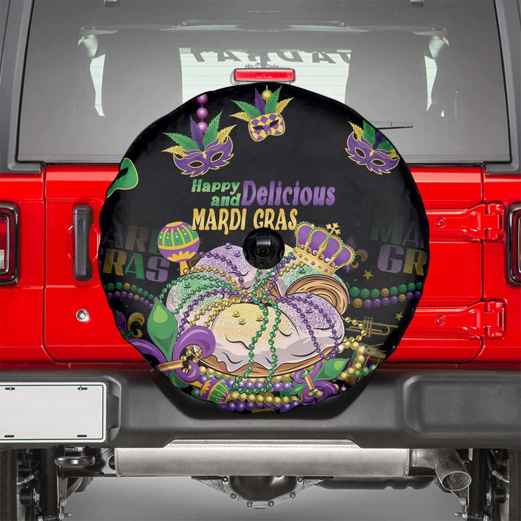 Happy And Delicious Mardi Gras Spare Tire Cover King Cake And Luxury Beadeds - Wonder Print Shop