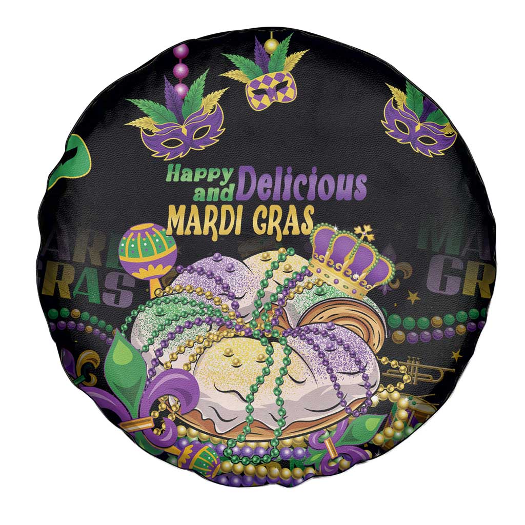 Happy And Delicious Mardi Gras Spare Tire Cover King Cake And Luxury Beadeds - Wonder Print Shop