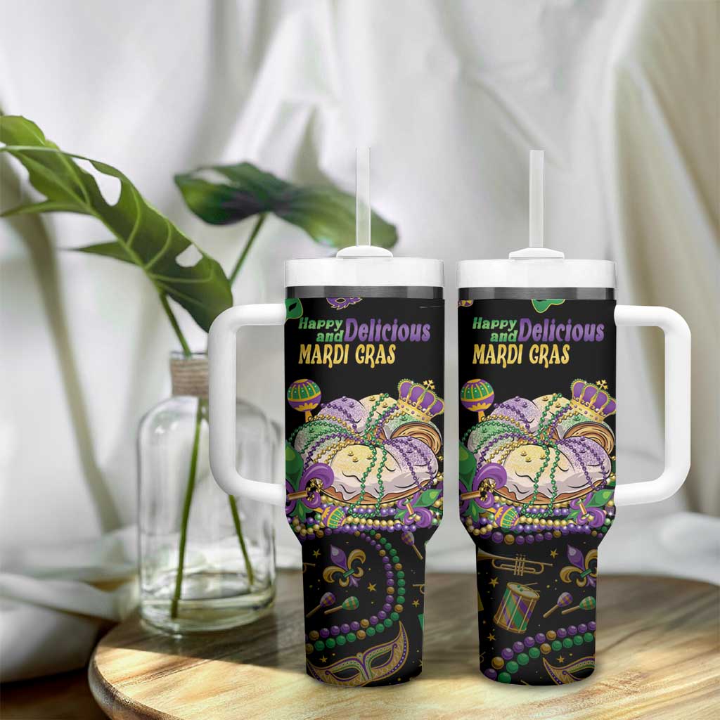 Happy And Delicious Mardi Gras Tumbler With Handle King Cake And Luxury Beadeds - Wonder Print Shop