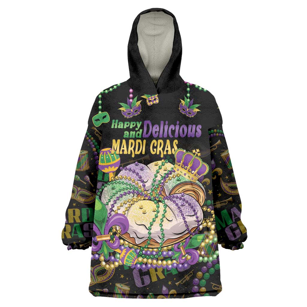 Happy And Delicious Mardi Gras Wearable Blanket Hoodie King Cake And Luxury Beadeds - Wonder Print Shop
