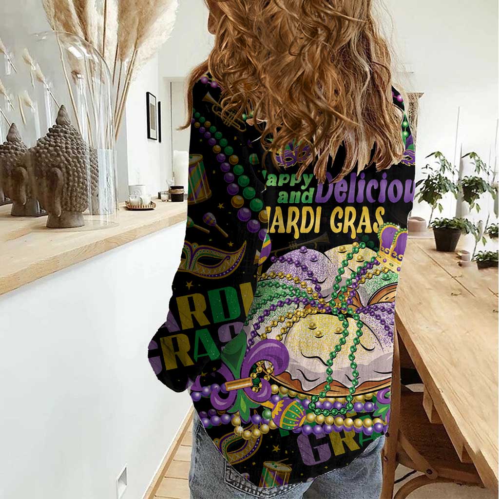 Happy And Delicious Mardi Gras Women Casual Shirt King Cake And Luxury Beadeds - Wonder Print Shop