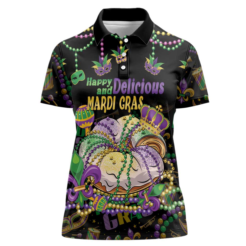 Happy And Delicious Mardi Gras Women Polo Shirt King Cake And Luxury Beadeds - Wonder Print Shop