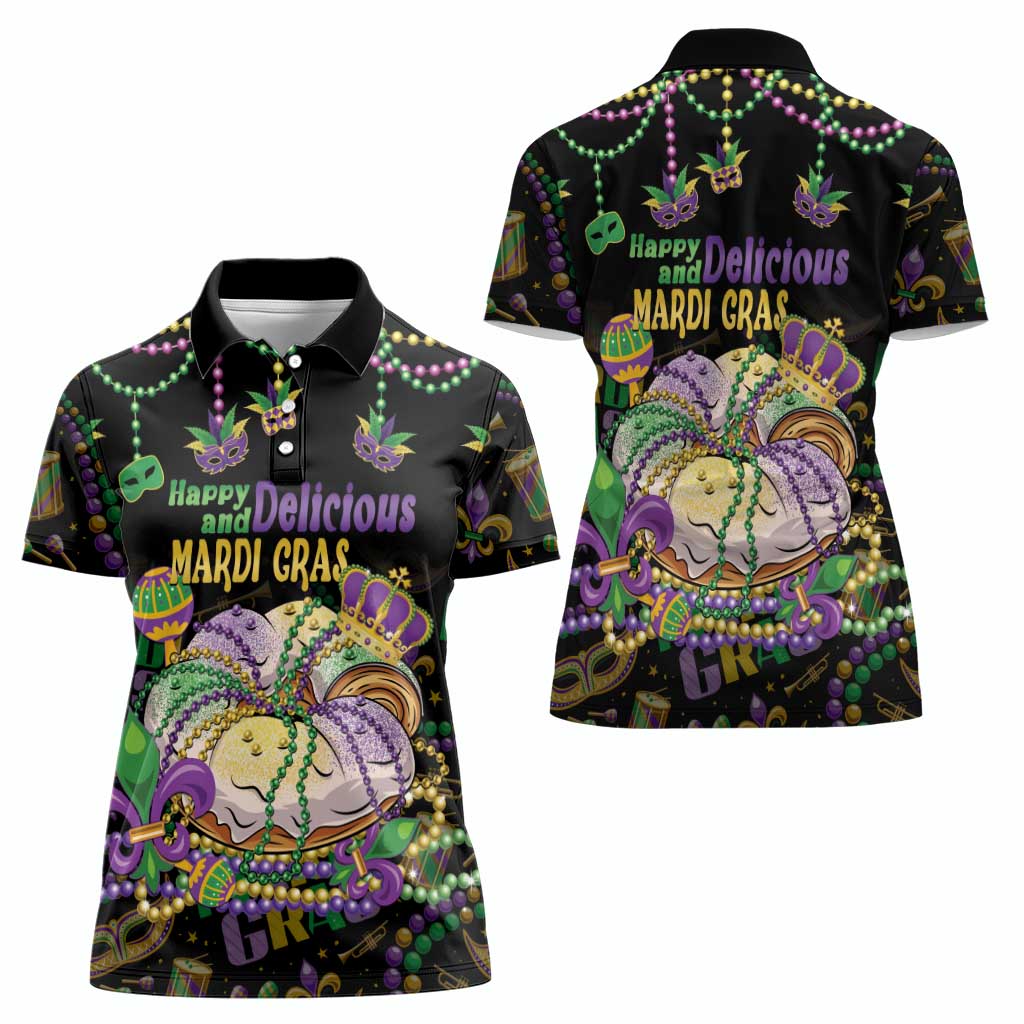 Happy And Delicious Mardi Gras Women Polo Shirt King Cake And Luxury Beadeds - Wonder Print Shop