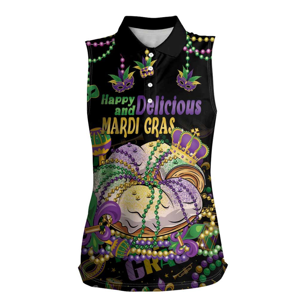 Happy And Delicious Mardi Gras Women Sleeveless Polo Shirt King Cake And Luxury Beadeds - Wonder Print Shop