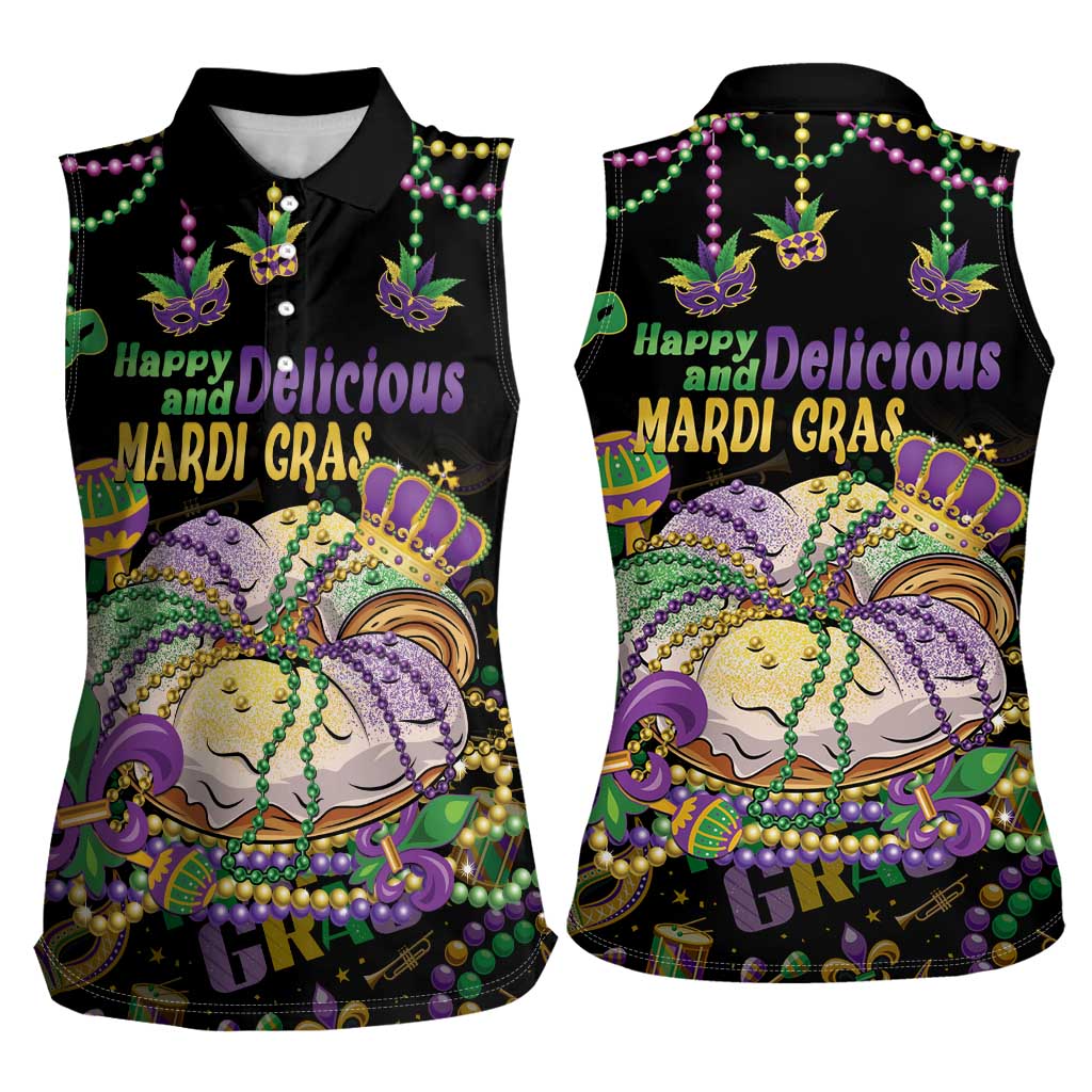 Happy And Delicious Mardi Gras Women Sleeveless Polo Shirt King Cake And Luxury Beadeds - Wonder Print Shop