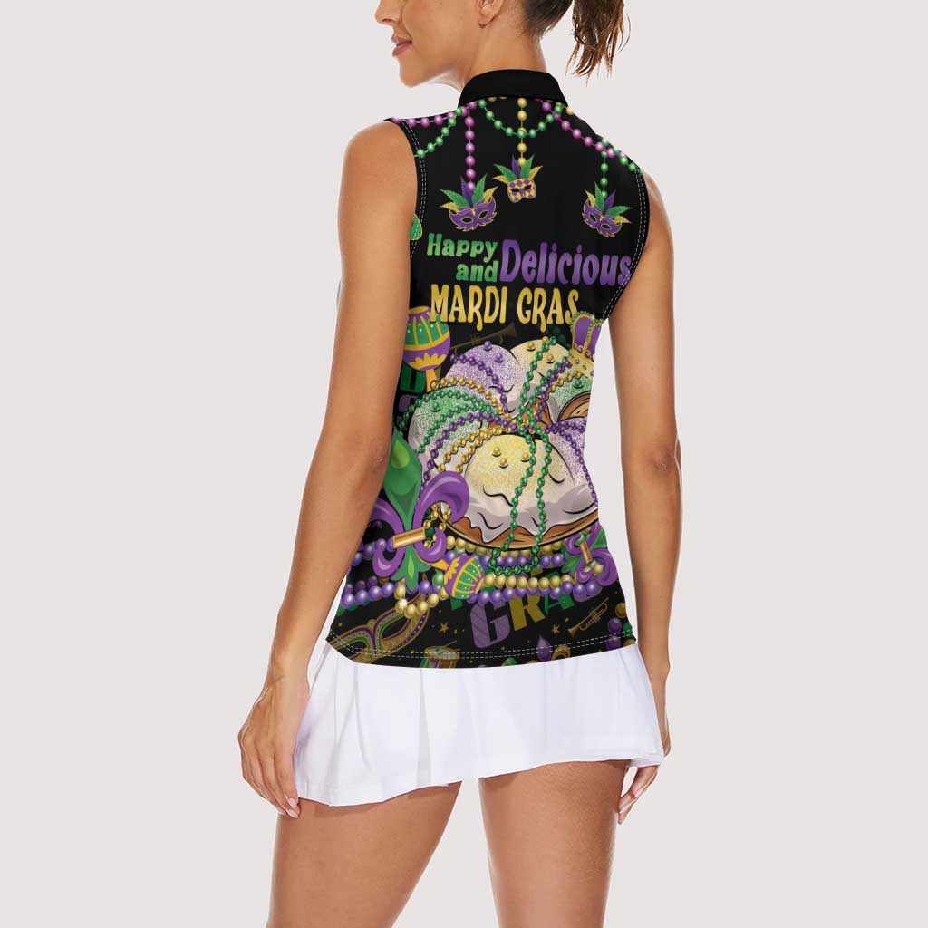 Happy And Delicious Mardi Gras Women Sleeveless Polo Shirt King Cake And Luxury Beadeds - Wonder Print Shop