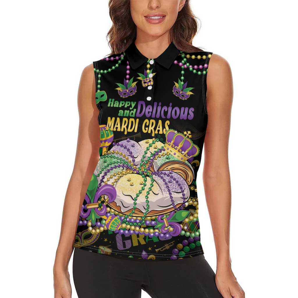 Happy And Delicious Mardi Gras Women Sleeveless Polo Shirt King Cake And Luxury Beadeds - Wonder Print Shop