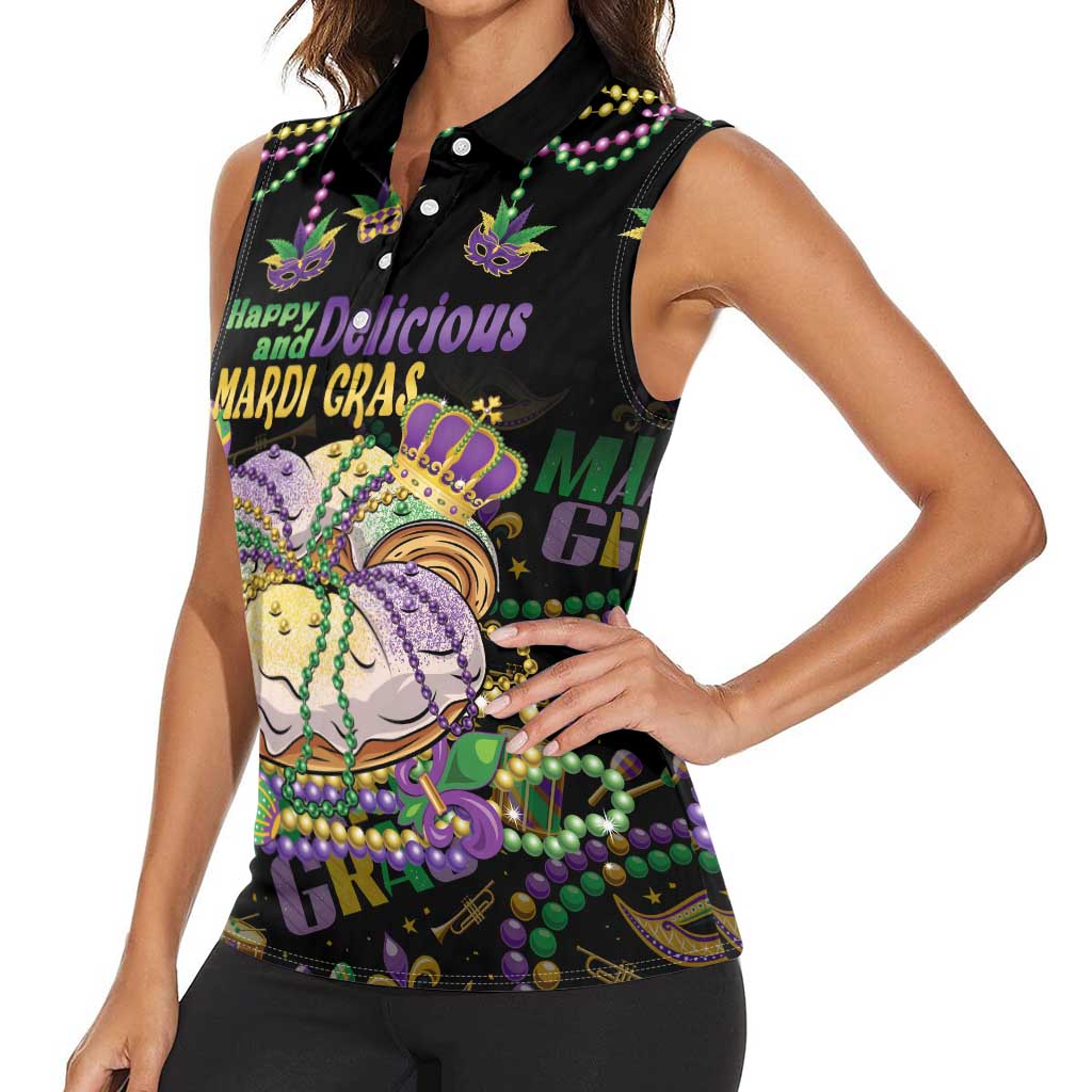 Happy And Delicious Mardi Gras Women Sleeveless Polo Shirt King Cake And Luxury Beadeds - Wonder Print Shop