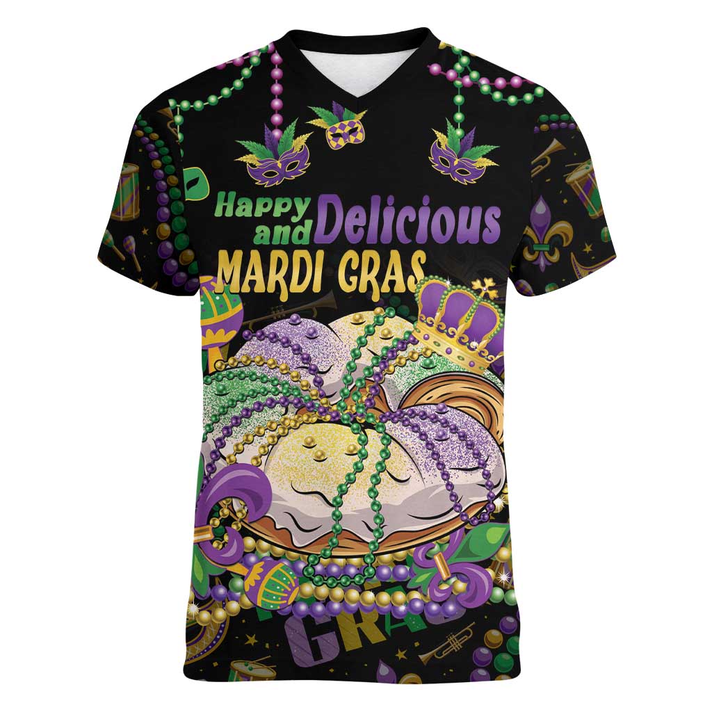 Happy And Delicious Mardi Gras Women V-Neck T-Shirt King Cake And Luxury Beadeds - Wonder Print Shop