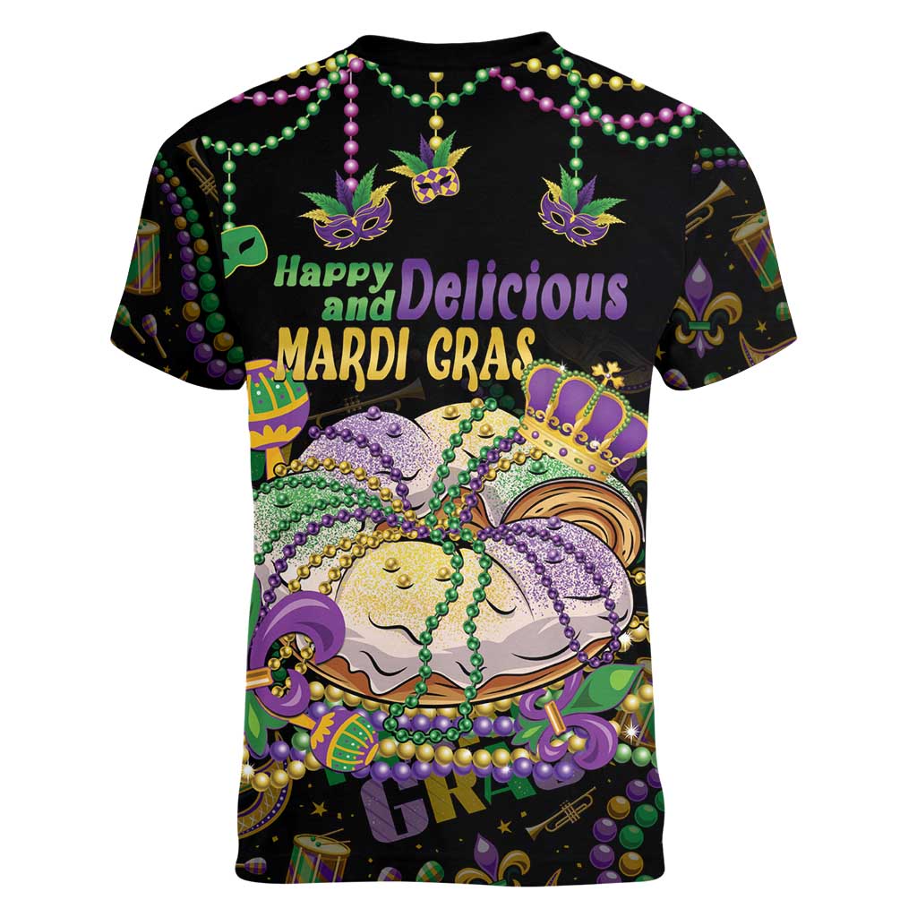 Happy And Delicious Mardi Gras Women V-Neck T-Shirt King Cake And Luxury Beadeds - Wonder Print Shop