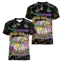 Happy And Delicious Mardi Gras Women V-Neck T-Shirt King Cake And Luxury Beadeds - Wonder Print Shop