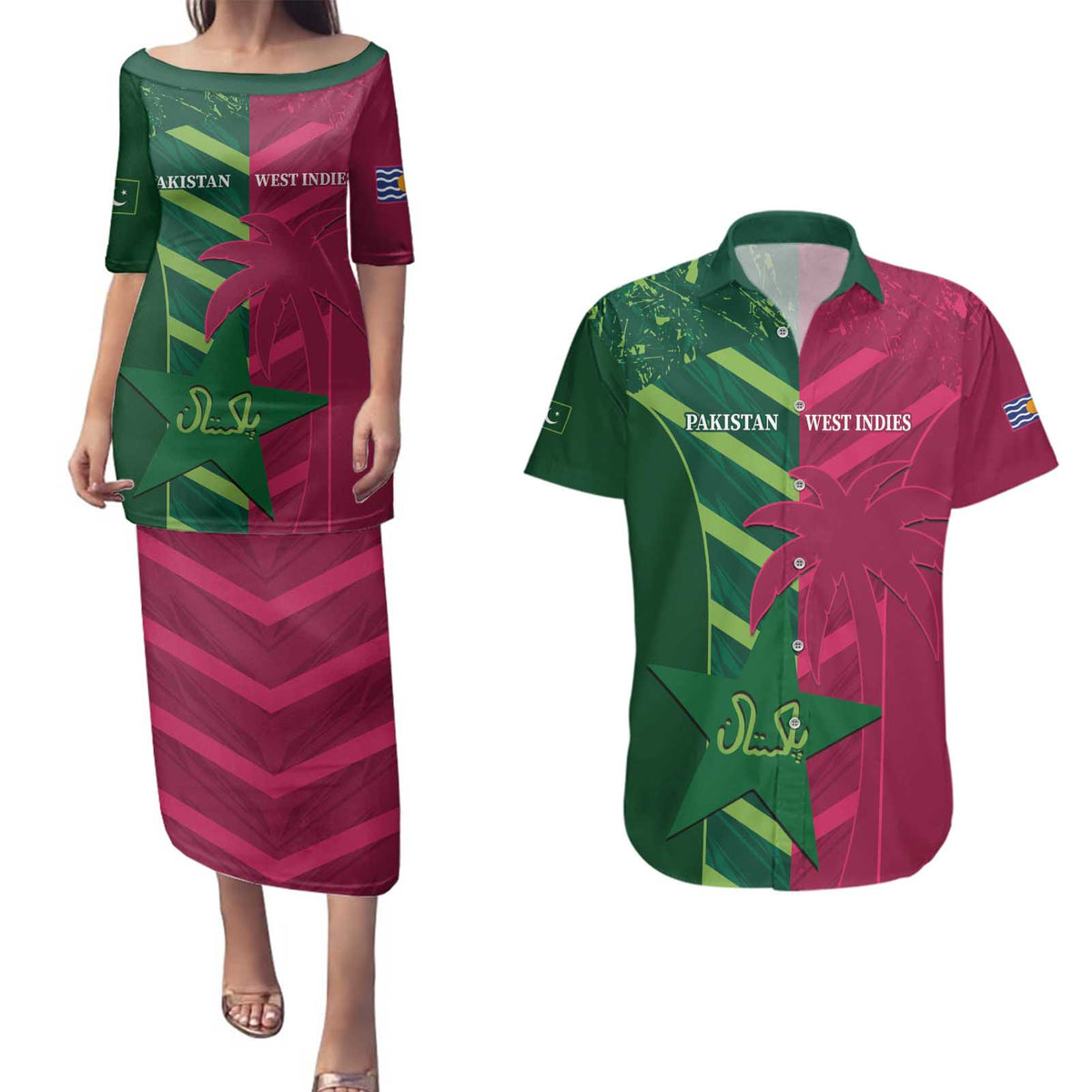 Custom West Indies And Pakistan Cricket Couples Matching Puletasi and Hawaiian Shirt 2025 Windies Shaheens Together - Wonder Print Shop