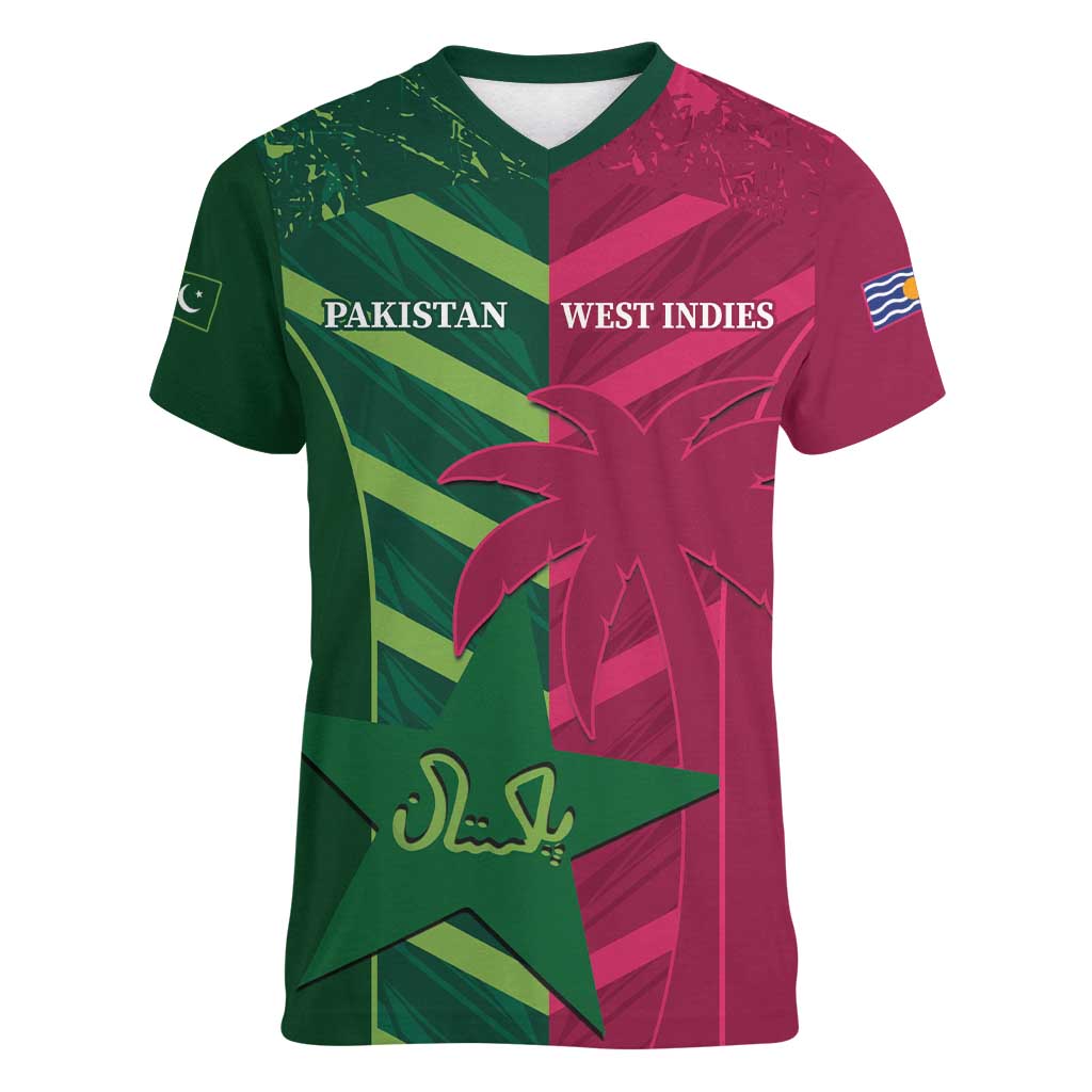 Custom West Indies And Pakistan Cricket Women V-Neck T-Shirt 2025 Windies Shaheens Together - Wonder Print Shop