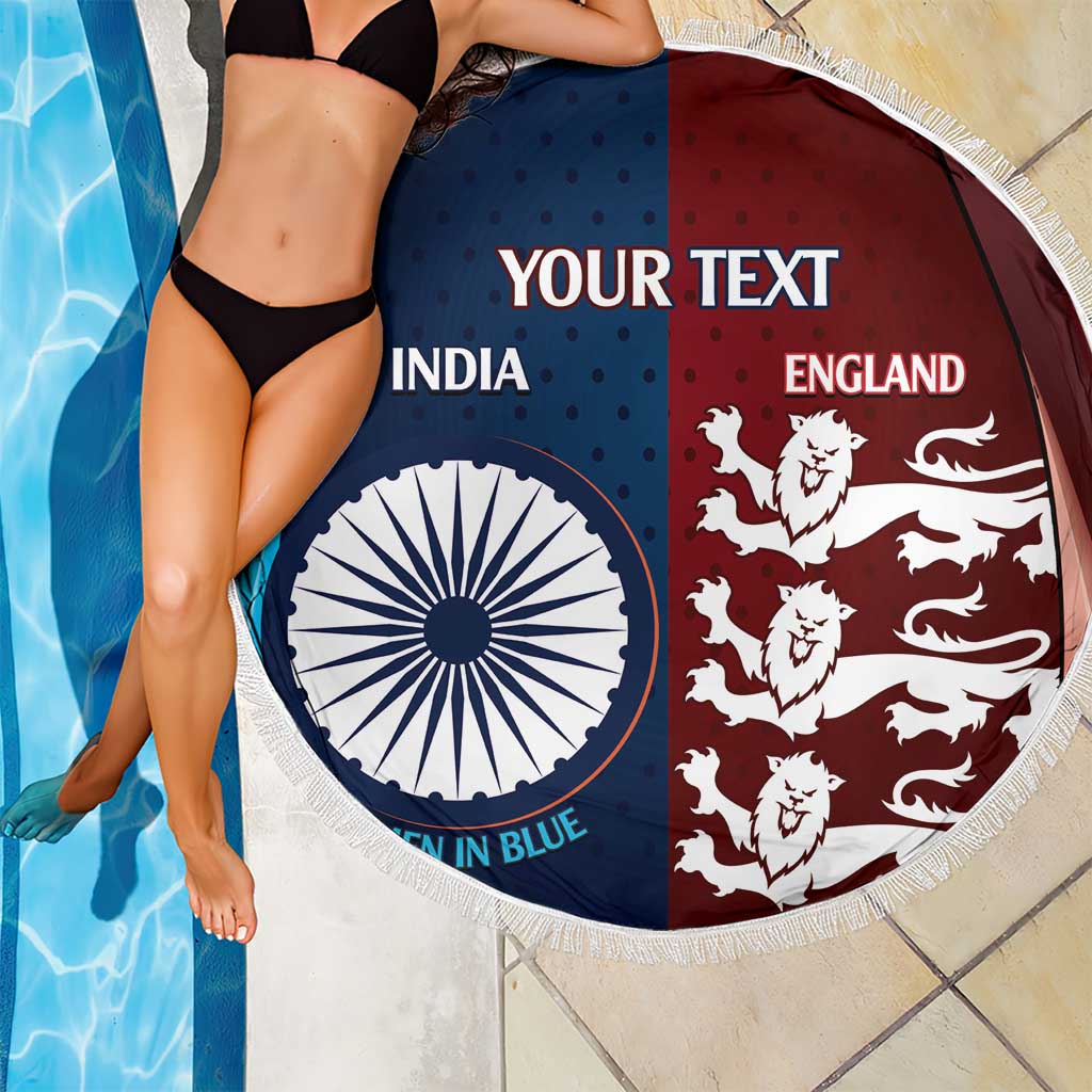 Custom India And England Cricket Beach Blanket 2025 Men In Blue Three Lions Together - Wonder Print Shop