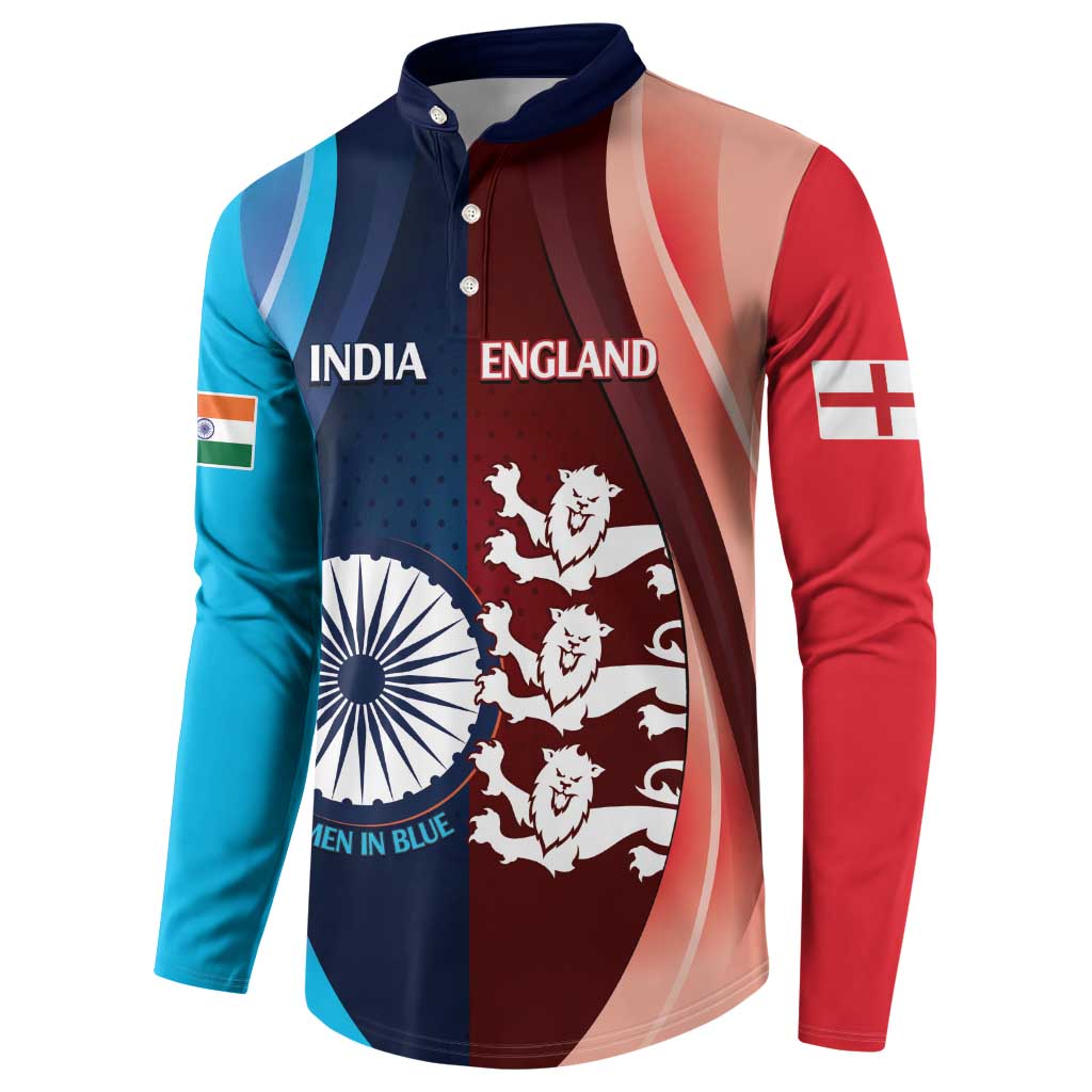 Custom India And England Cricket Button Sweatshirt 2025 Men In Blue Three Lions Together - Wonder Print Shop