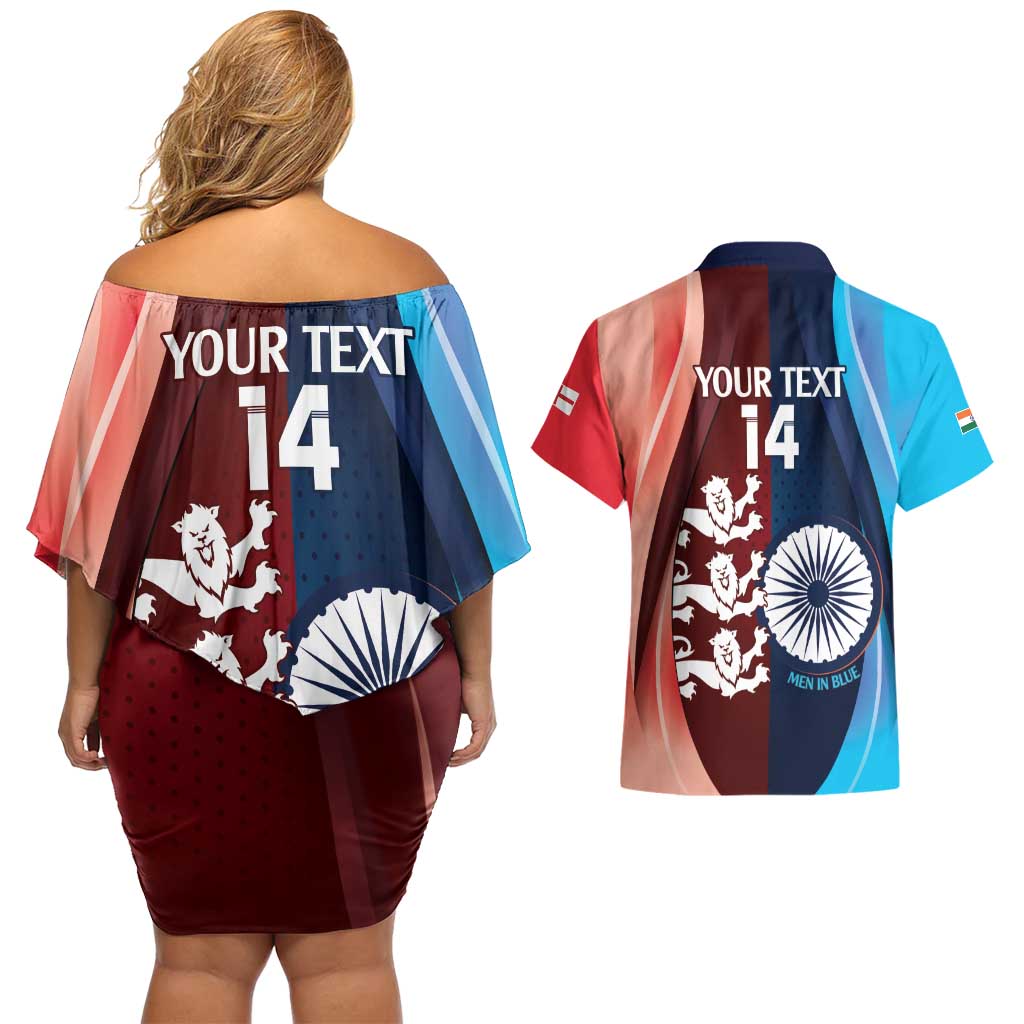 Custom India And England Cricket Couples Matching Off Shoulder Short Dress and Hawaiian Shirt 2025 Men In Blue Three Lions Together - Wonder Print Shop