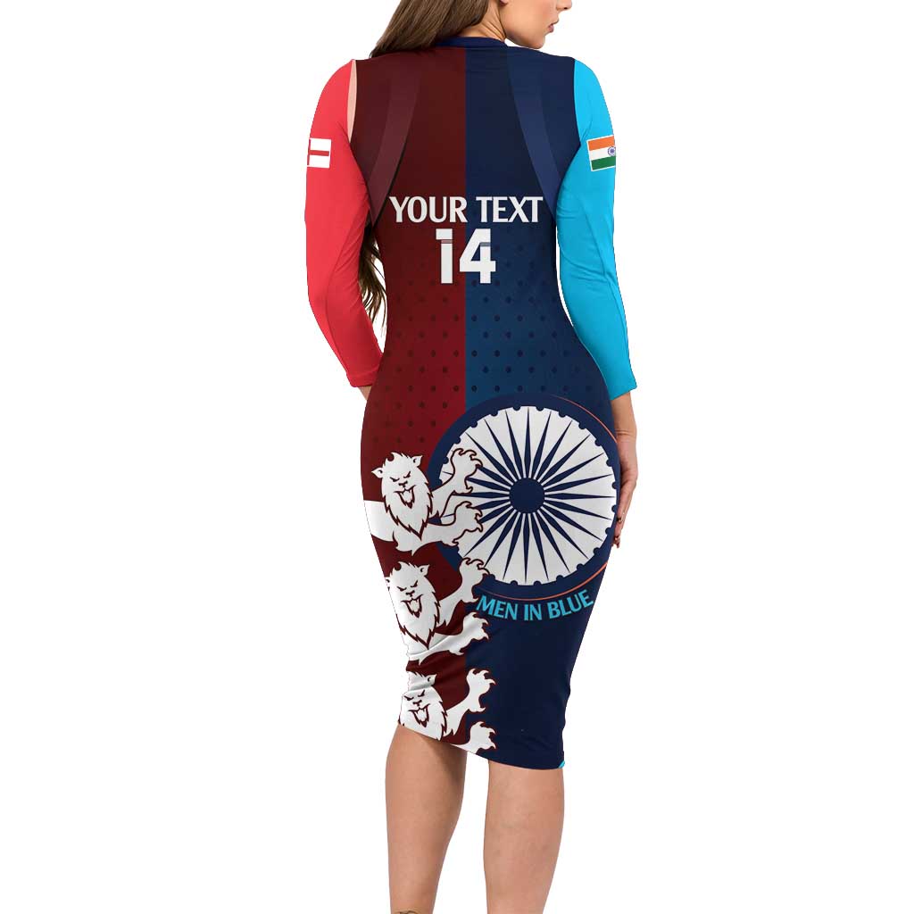 Custom India And England Cricket Family Matching Long Sleeve Bodycon Dress and Hawaiian Shirt 2025 Men In Blue Three Lions Together - Wonder Print Shop
