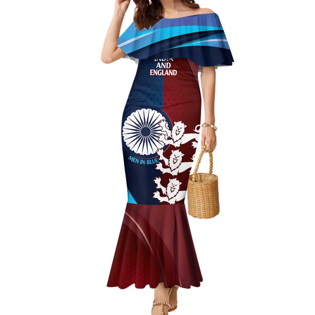 Custom India And England Cricket Family Matching Mermaid Dress and Hawaiian Shirt 2025 Men In Blue Three Lions Together - Wonder Print Shop