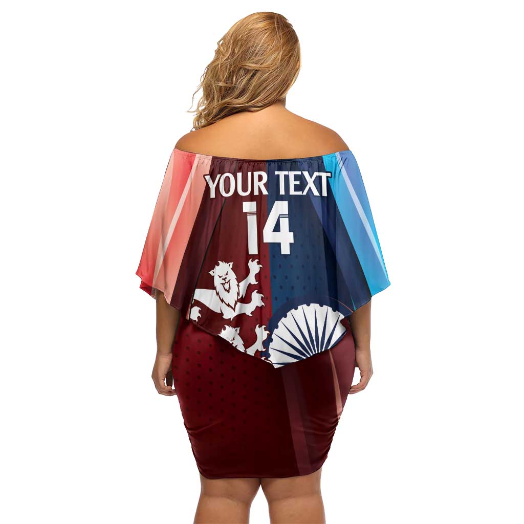 Custom India And England Cricket Family Matching Off Shoulder Short Dress and Hawaiian Shirt 2025 Men In Blue Three Lions Together - Wonder Print Shop