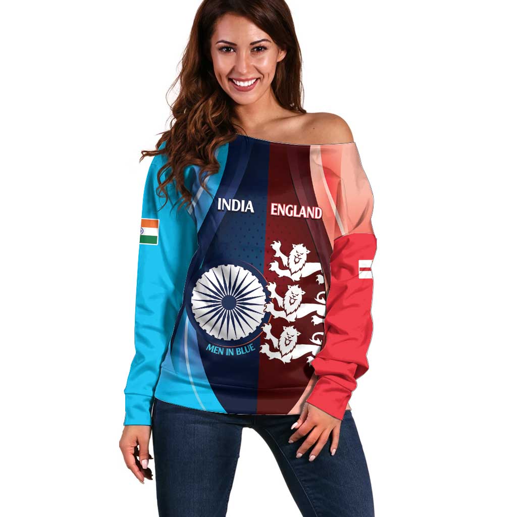 Custom India And England Cricket Off Shoulder Sweater 2025 Men In Blue Three Lions Together - Wonder Print Shop