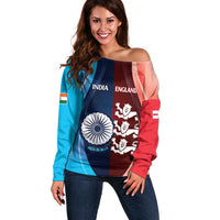 Custom India And England Cricket Off Shoulder Sweater 2025 Men In Blue Three Lions Together - Wonder Print Shop