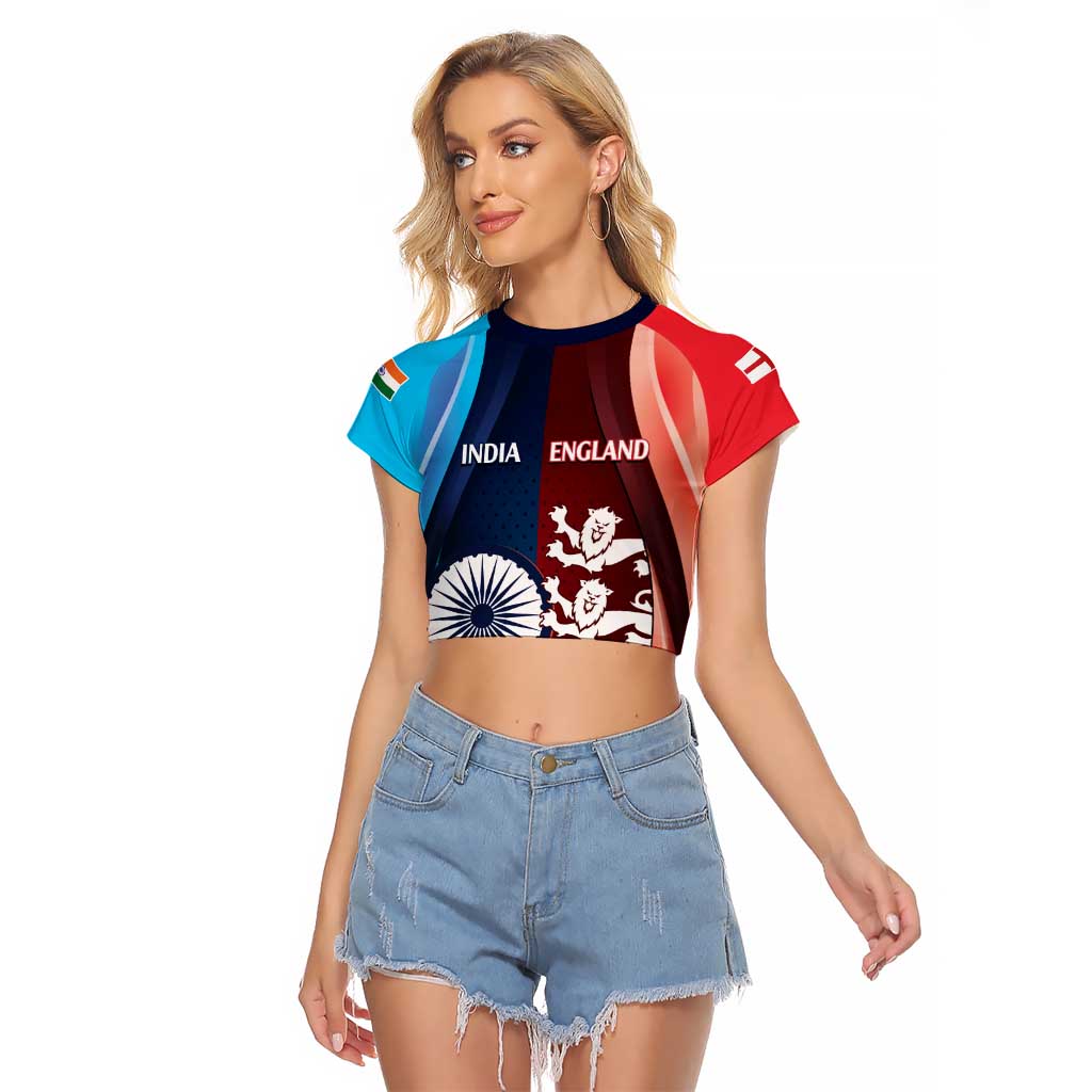 Custom India And England Cricket Raglan Cropped T Shirt 2025 Men In Blue Three Lions Together - Wonder Print Shop