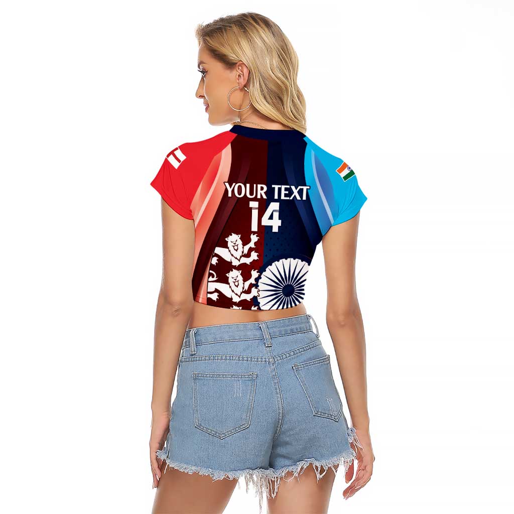 Custom India And England Cricket Raglan Cropped T Shirt 2025 Men In Blue Three Lions Together - Wonder Print Shop