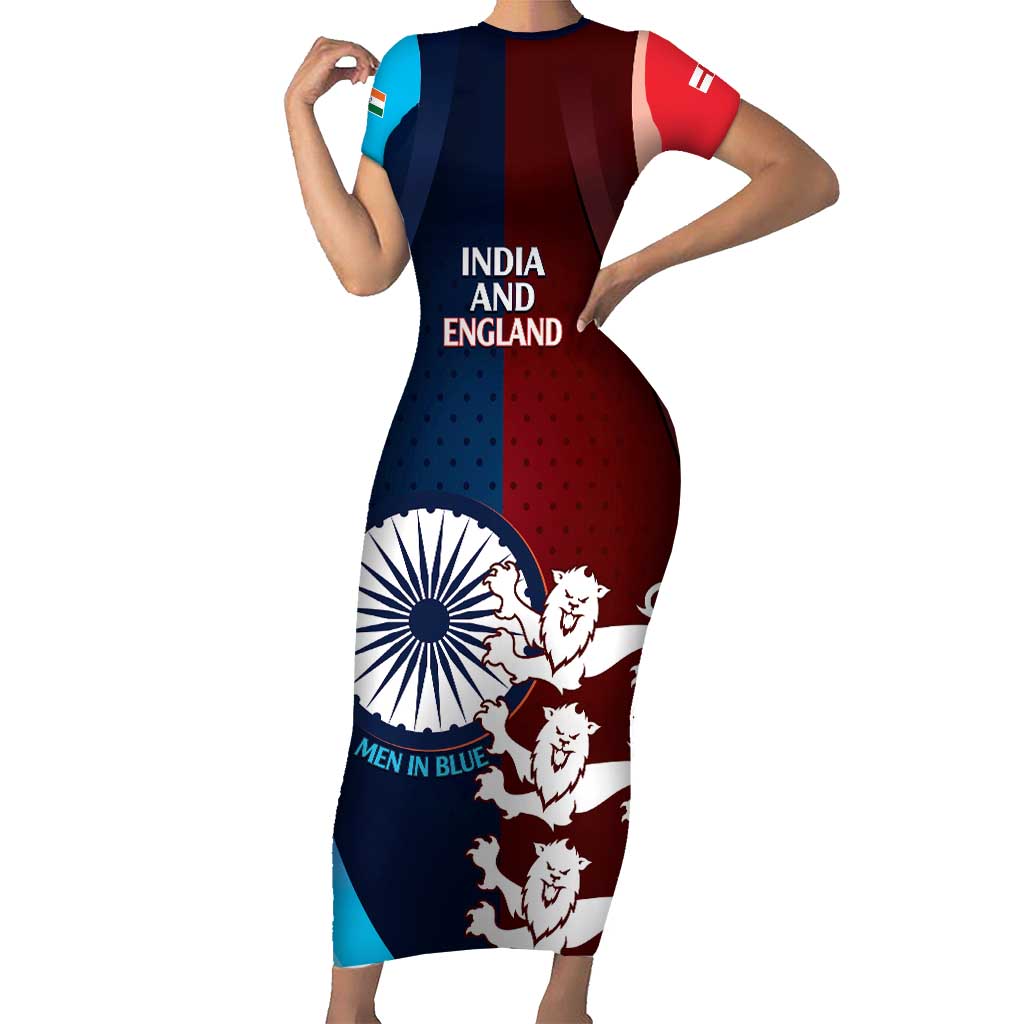 Custom India And England Cricket Short Sleeve Bodycon Dress 2025 Men In Blue Three Lions Together - Wonder Print Shop