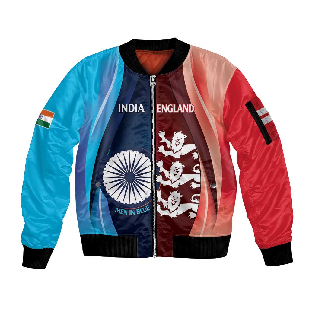Custom India And England Cricket Sleeve Zip Bomber Jacket 2025 Men In Blue Three Lions Together - Wonder Print Shop