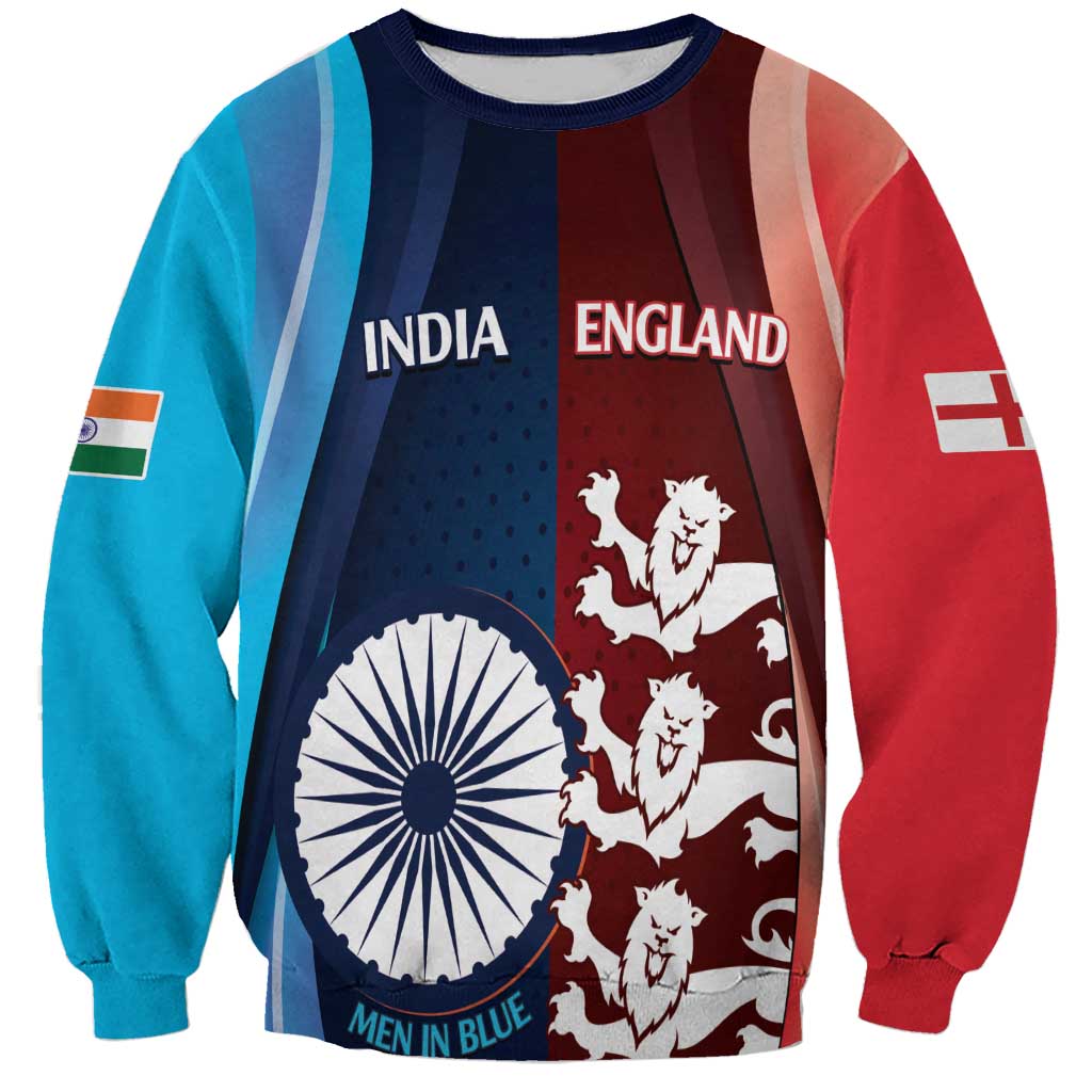Custom India And England Cricket Sweatshirt 2025 Men In Blue Three Lions Together - Wonder Print Shop